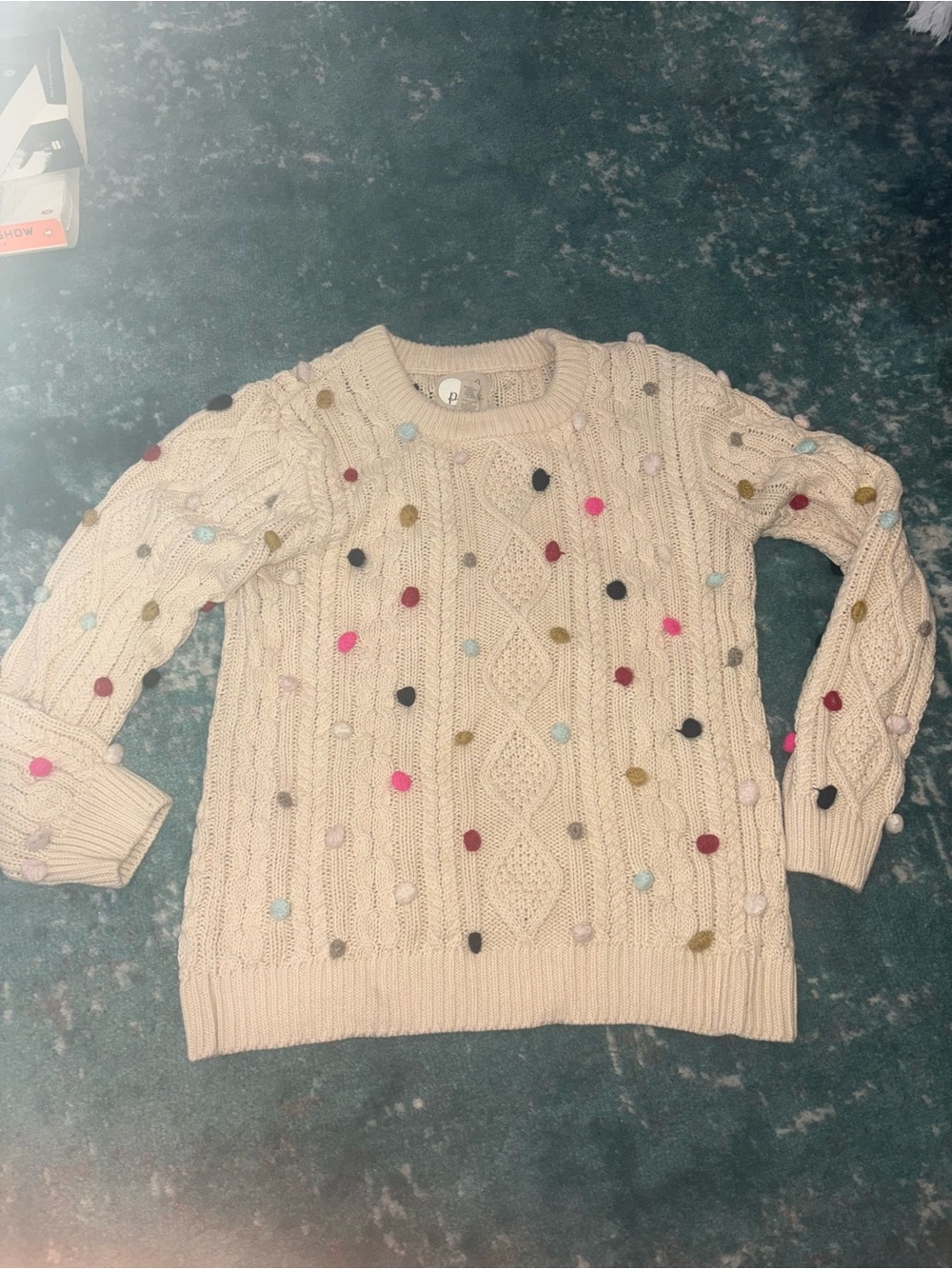 Peek Emerson Crew Pom Pom Bauble Holiday Cream Fisherman Knitted Sweater XXL 12